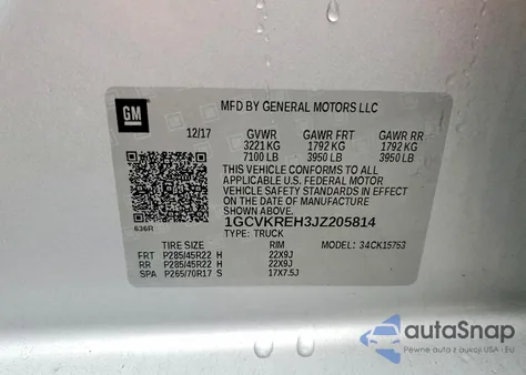 2018 Chevrolet Silverado K1500 Lt z USA, uszkodzony, nr VIN 1GCVKREH3JZ205814